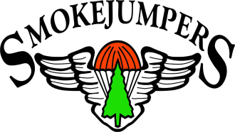 Smokejumpers spelled out about a logo with a pine tree with wings behind it and a setting sun