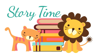 A tiger and a lion by a stack of books with the words story time