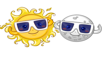 The sun and moon smiling and wearing solar eclipse glasses.