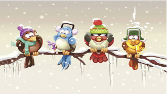 Birds sitting on a branch bundled up in hats and scarves.