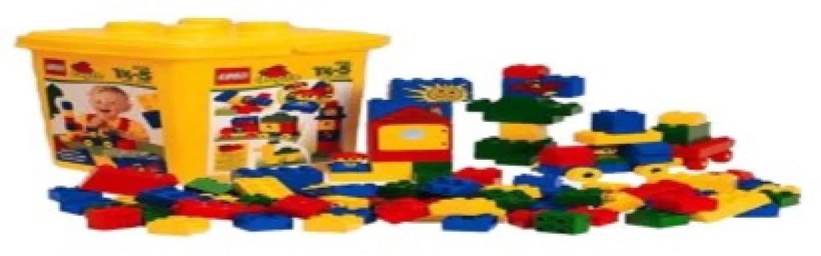 A yellow Lego duplo blocks bucket surrounded by different colored duplo blocks.
